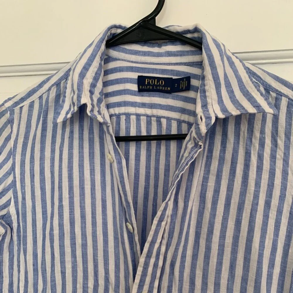 Striped Shirt Dress with Tie Waist - Light Blue/White - Picture 2 of 4